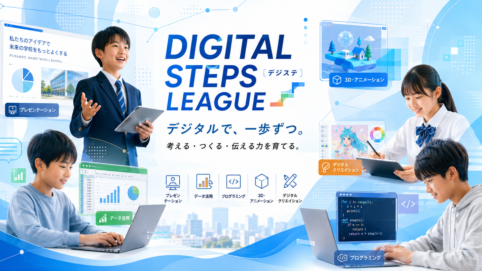DIGITAL STEPS LEAGUEのメインビジュアル。子どもたちがプレゼンテーション、データ活用、3D・アニメーション、デジタルクリエイション、プログラミングに取り組む様子